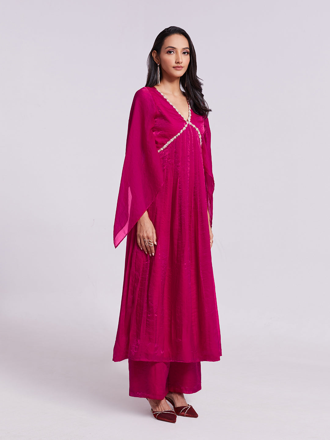 Rani Pink Anarkali Kurta Pant Set with Handwork