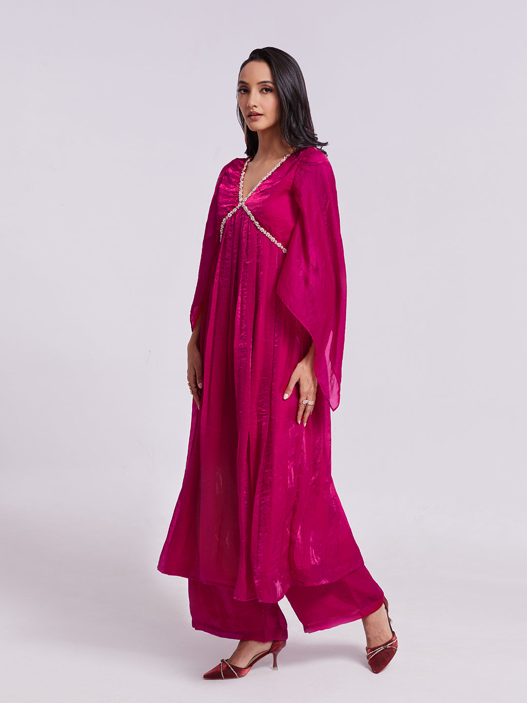 Rani Pink Anarkali Kurta Pant Set with Handwork