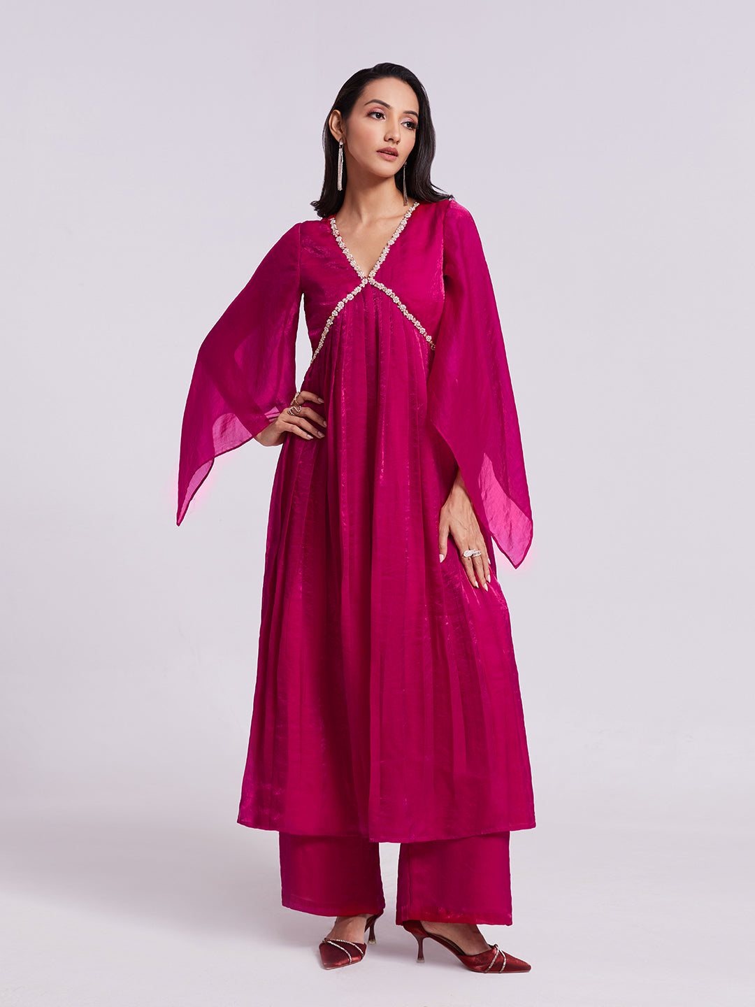 Rani Pink Anarkali Kurta Pant Set with Handwork