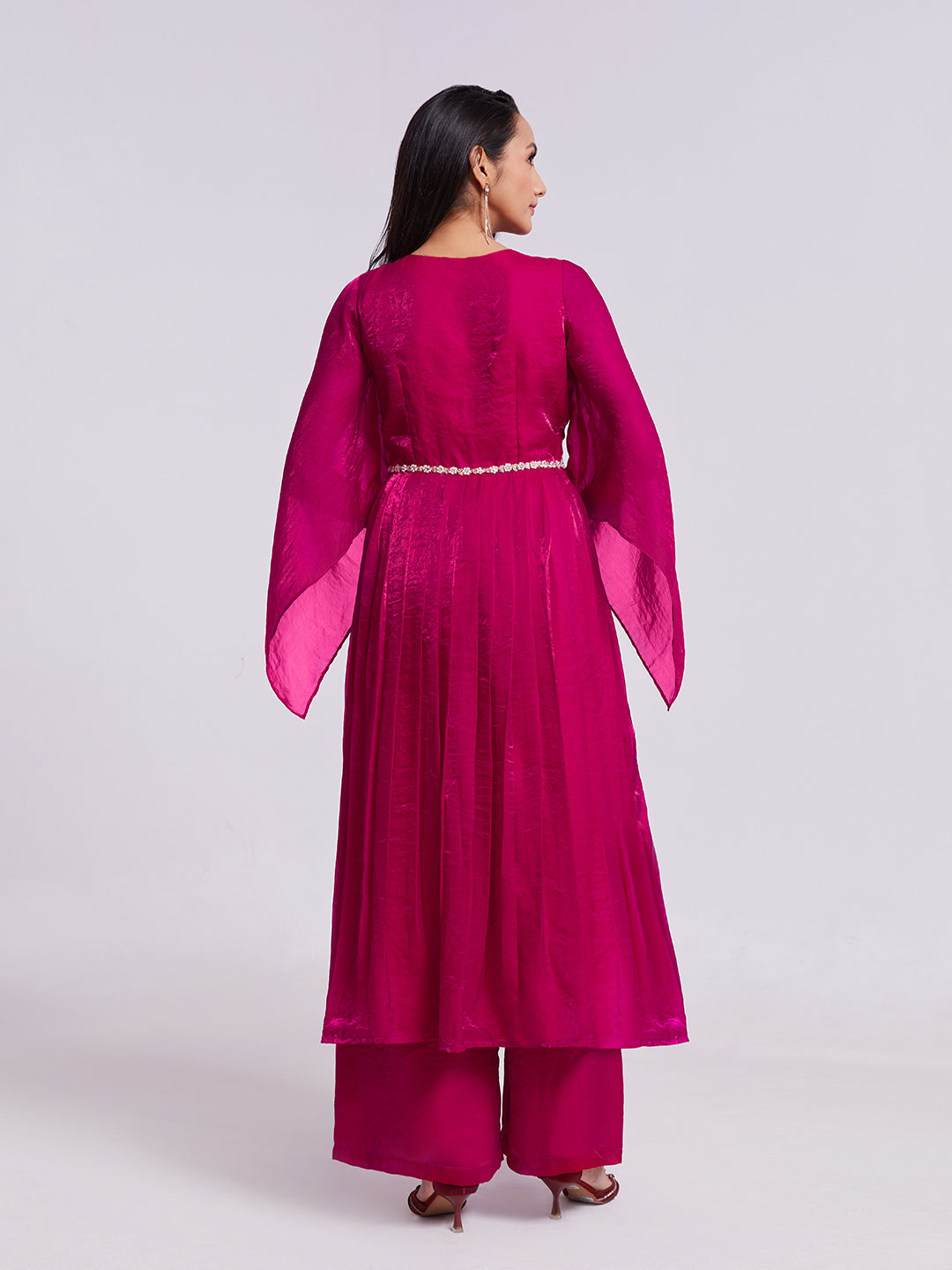 Rani Pink Anarkali Kurta Pant Set with Handwork