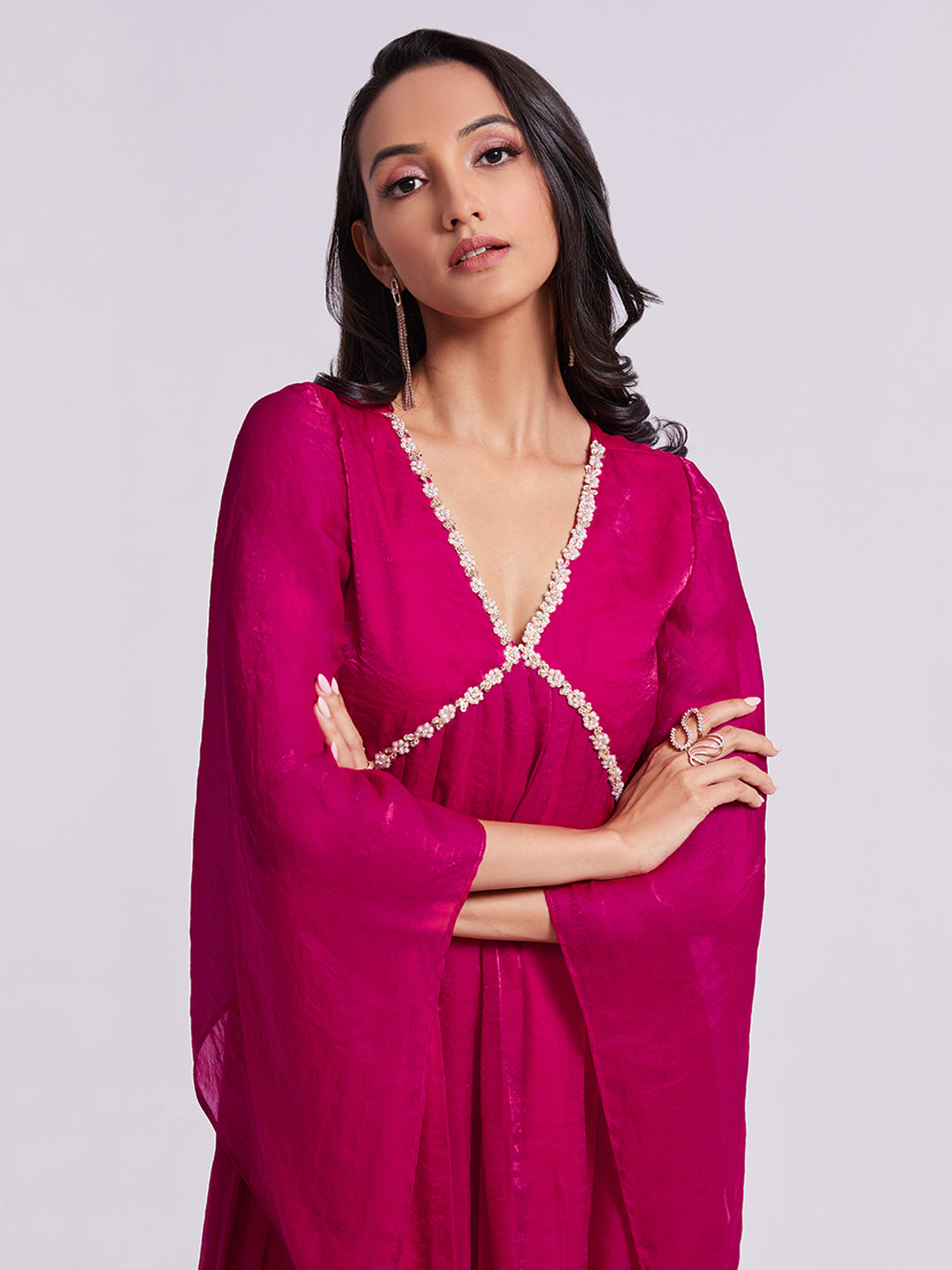 Rani Pink Anarkali Kurta Pant Set with Handwork