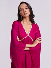 Rani Pink Anarkali Kurta Pant Set with Handwork