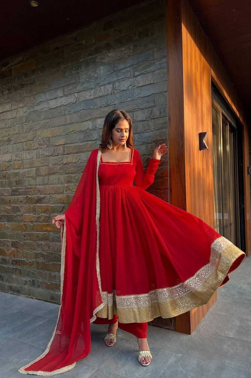 Royal Red Wedding Wear Blooming Georgette Anarkali Pant Set