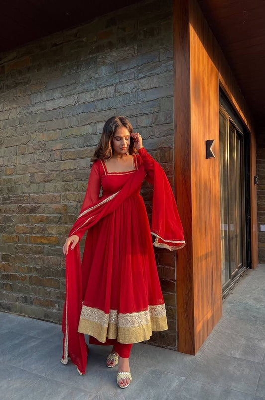 Royal Red Wedding Wear Blooming Georgette Anarkali Pant Set