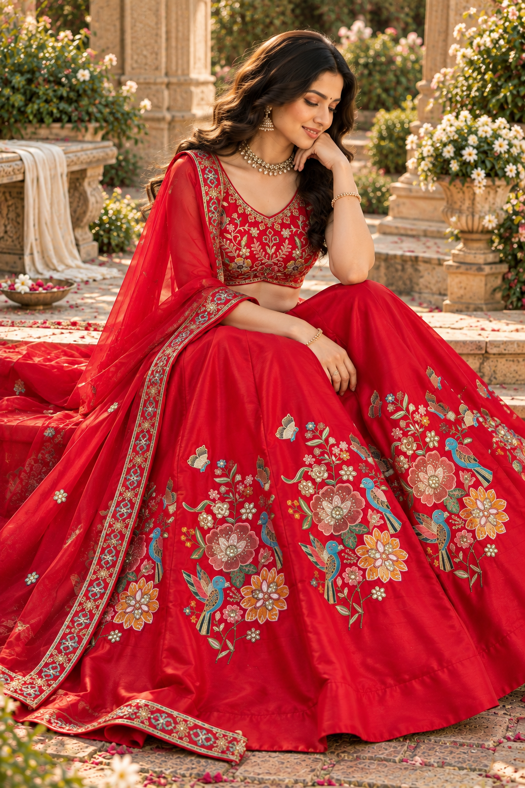 Radiant Red Floral Embroidered Lehenga Set