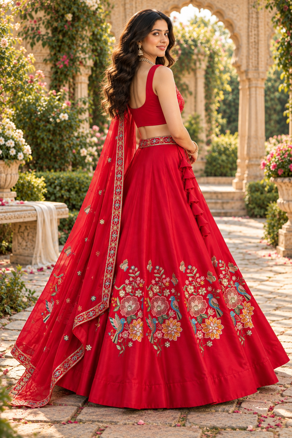 Radiant Red Floral Embroidered Lehenga Set