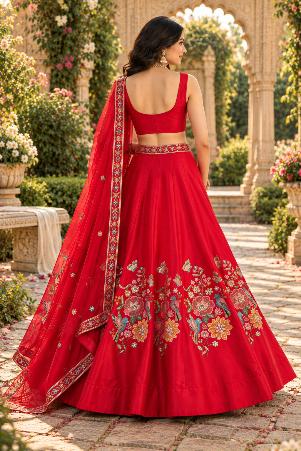 Radiant Red Floral Embroidered Lehenga Set