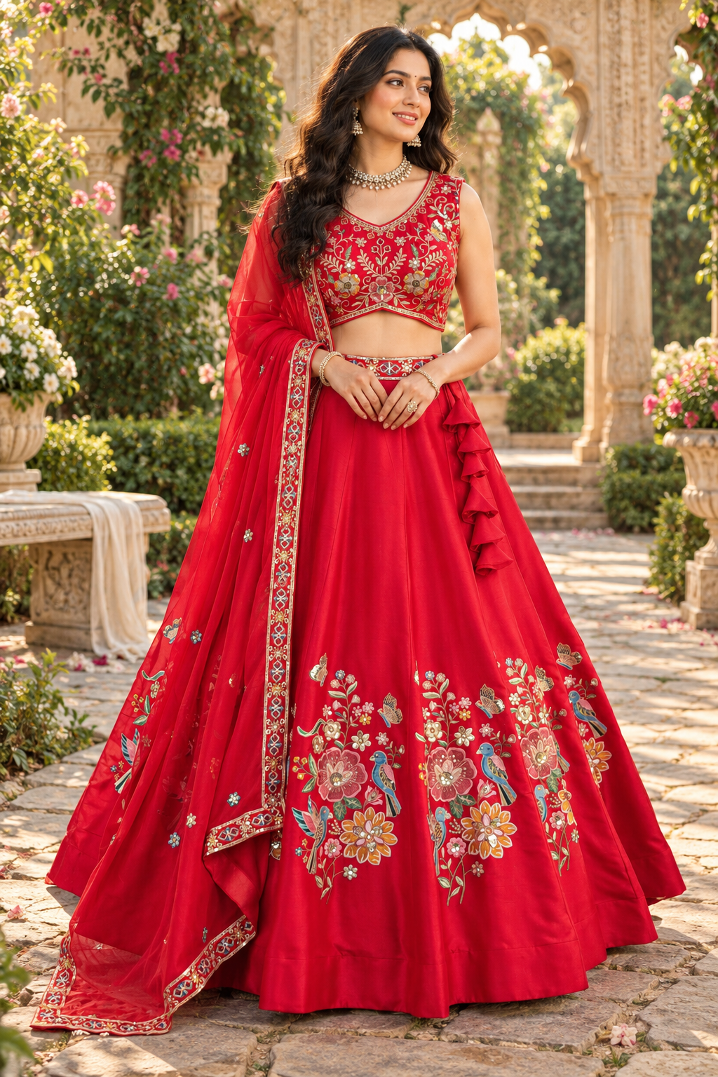 Radiant Red Floral Embroidered Lehenga Set