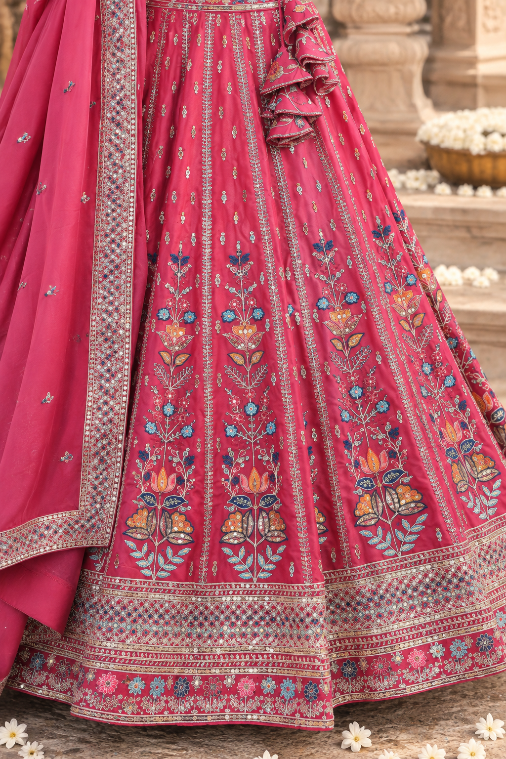 Rani Pink Star Georgette Floral Sequin Lehenga Choli