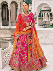 Rani Pink Fancy Silk Mirror Bridal Lehenga with Cutwork Dupatta