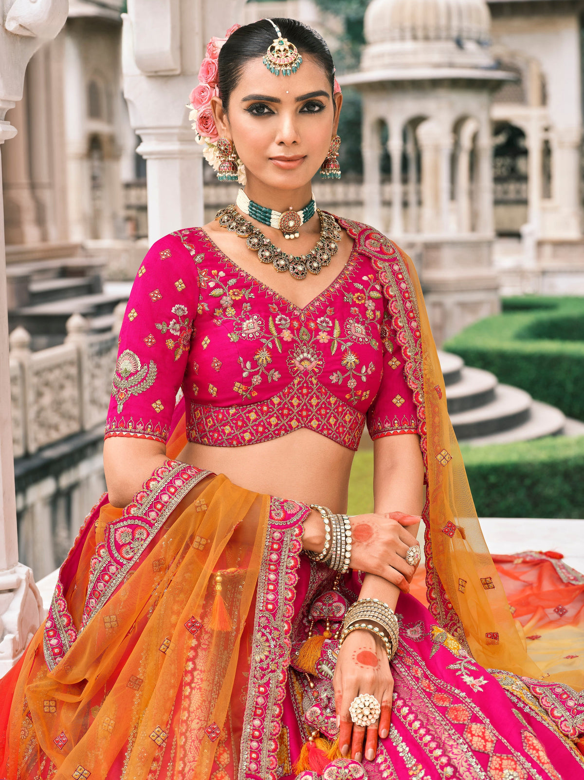 Rani Pink Fancy Silk Mirror Bridal Lehenga with Cutwork Dupatta