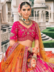 Rani Pink Fancy Silk Mirror Bridal Lehenga with Cutwork Dupatta