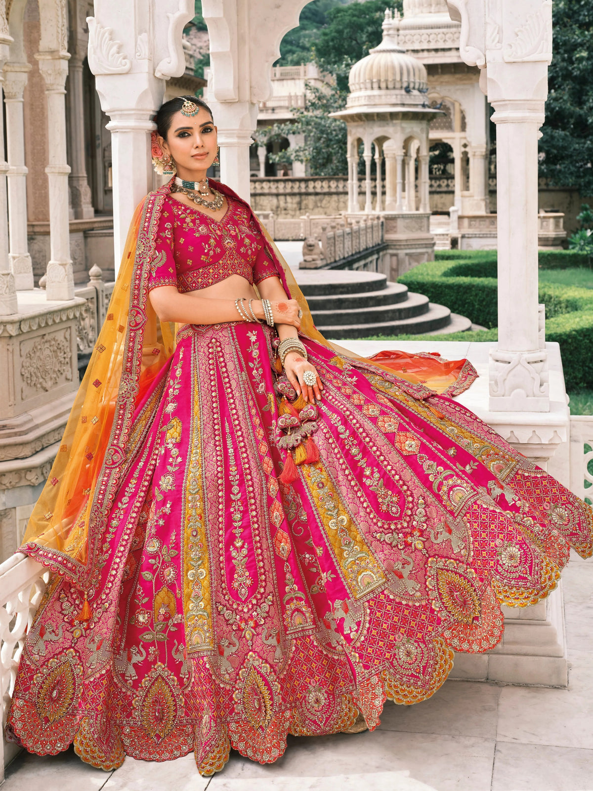 Rani Pink Fancy Silk Mirror Bridal Lehenga with Cutwork Dupatta