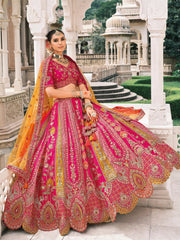 Rani Pink Fancy Silk Mirror Bridal Lehenga with Cutwork Dupatta