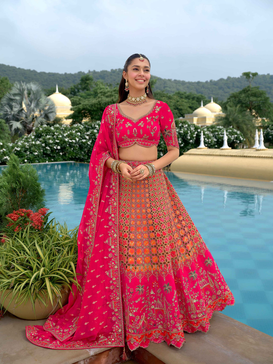 Rani Pink & Orange Printed Fancy Silk Mirror Lehenga Choli