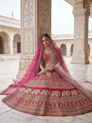 Rani Pink Pure Slubb Silk Premium Tatamie Zari Dori Embroidery Metalic Sequins Work Bridal Lehenga Choli