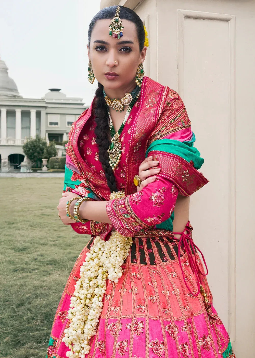 Rani Pink & Emerald Green Banarasi Silk Zari Lehenga Choli