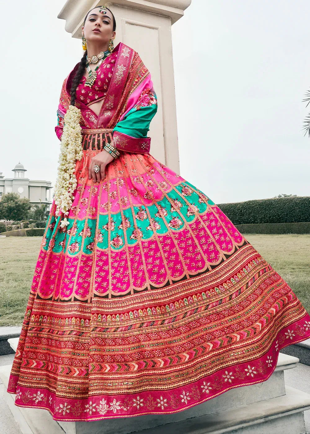 Rani Pink & Emerald Green Banarasi Silk Zari Lehenga Choli