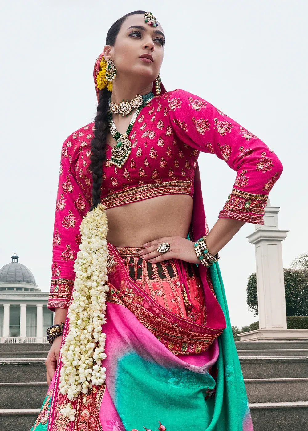 Rani Pink & Emerald Green Banarasi Silk Zari Lehenga Choli