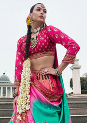 Rani Pink & Emerald Green Banarasi Silk Zari Lehenga Choli