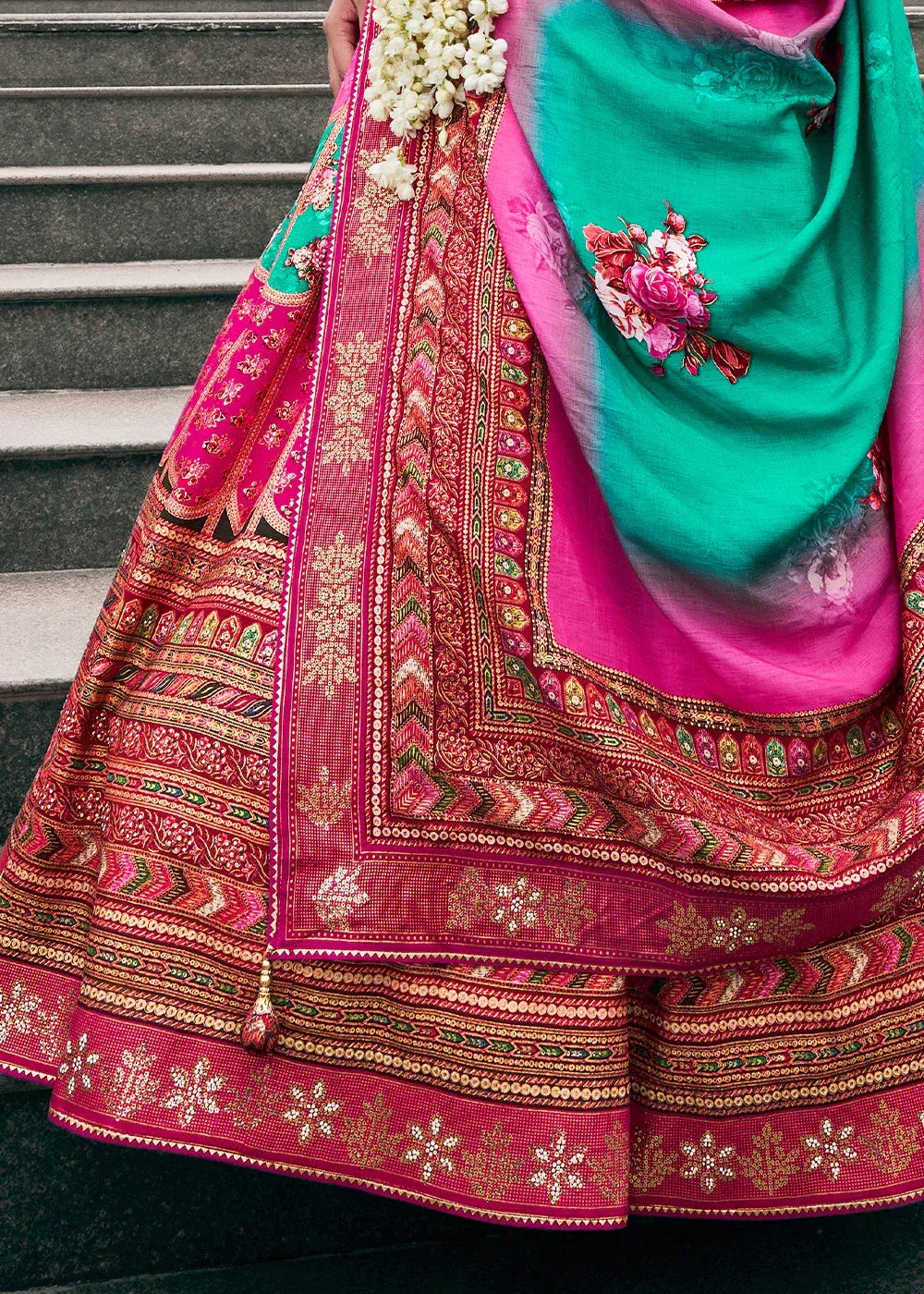 Rani Pink & Emerald Green Banarasi Silk Zari Lehenga Choli