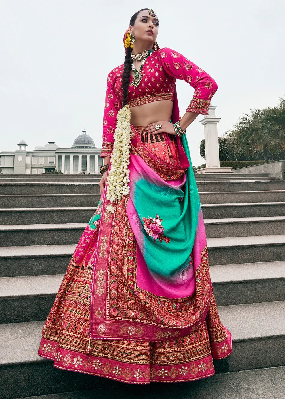 Rani Pink & Emerald Green Banarasi Silk Zari Lehenga Choli