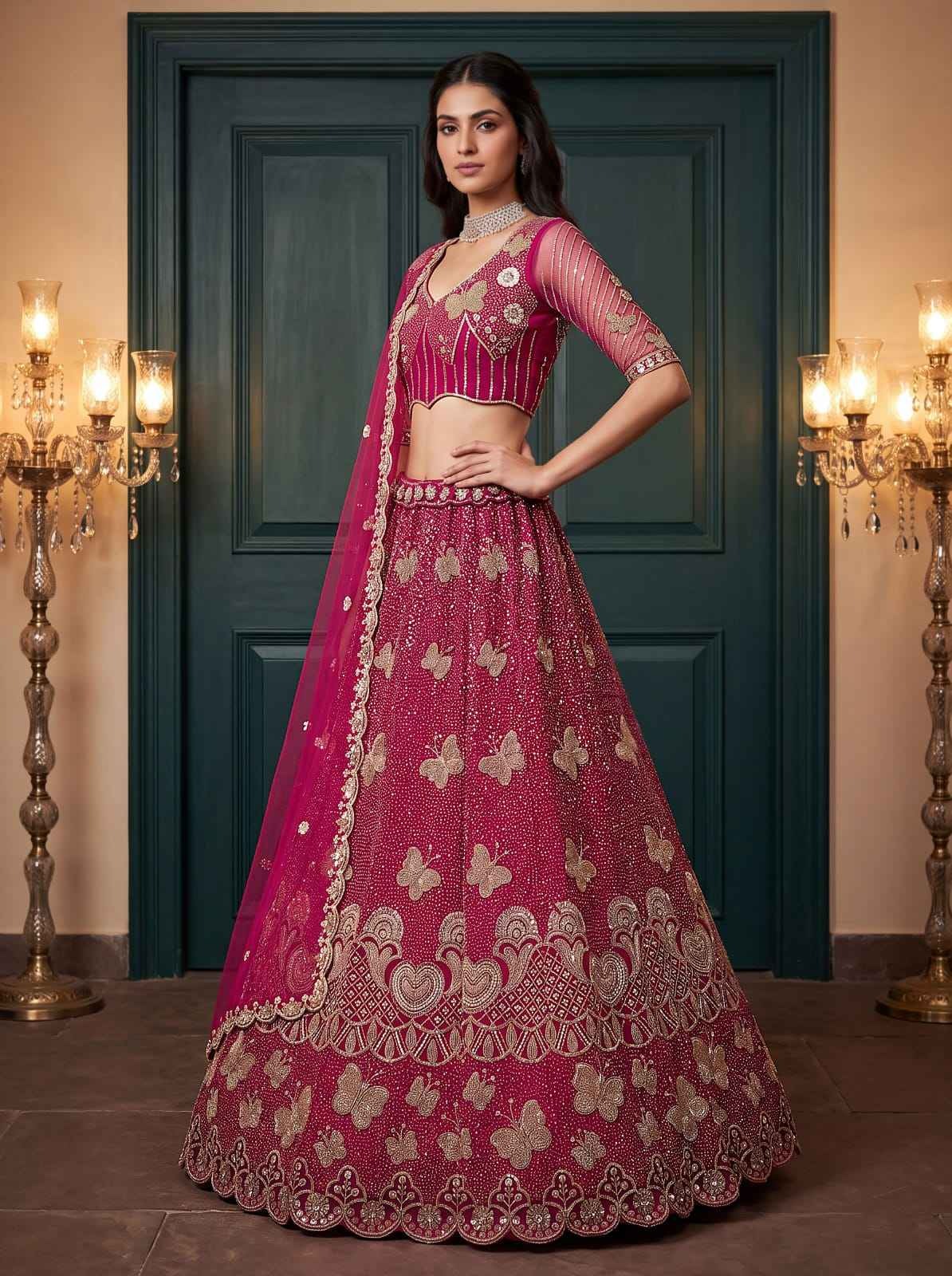 Rani Pure Heavy Net Motif Handwork Zari Sequins Work Bridal Lehenga Choli