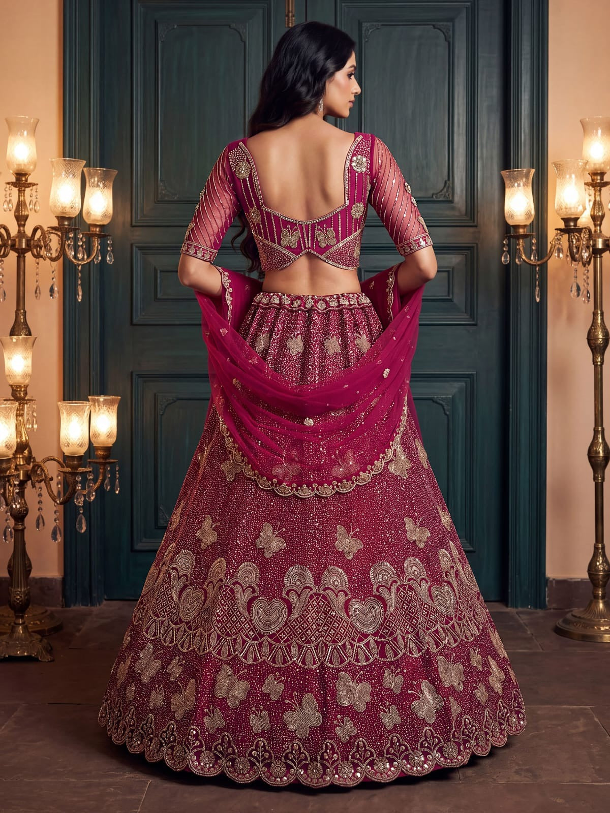 Rani Pure Heavy Net Motif Handwork Zari Sequins Work Bridal Lehenga Choli