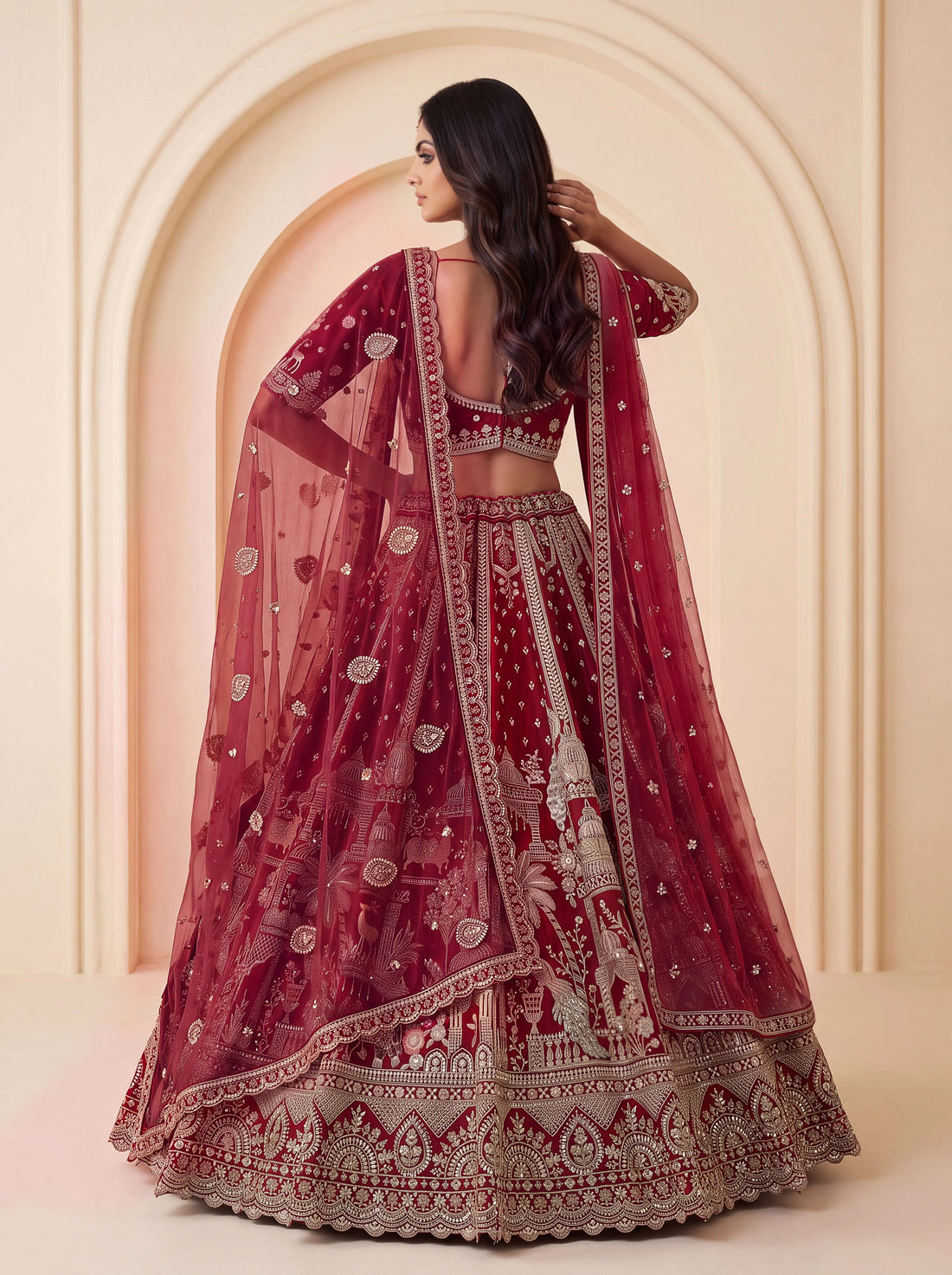 Premium Silk Multicolor Motif Sequin Bridal Lehenga Choli with Double Dupatta