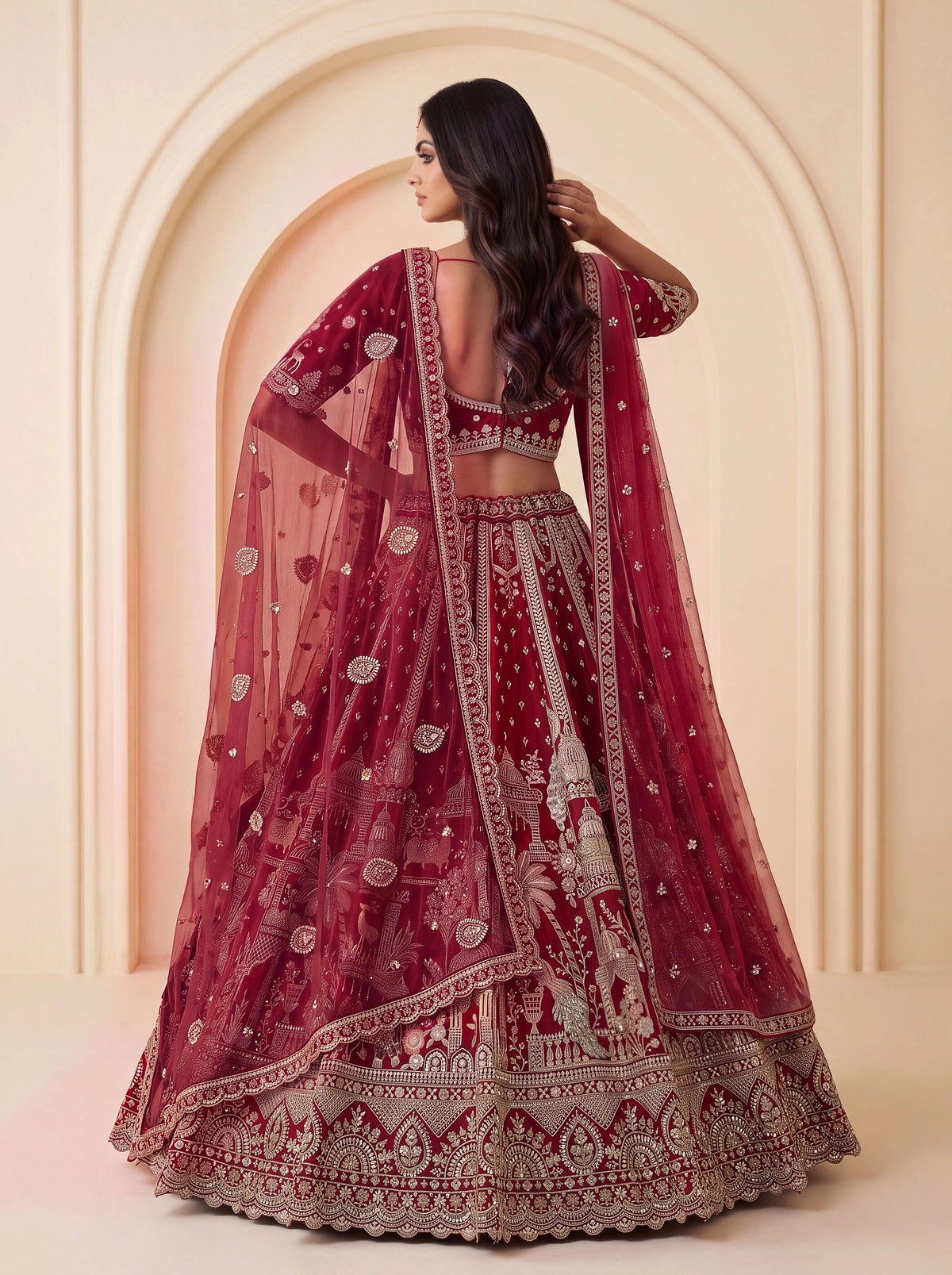 Premium Silk Multicolor Motif Sequin Bridal Lehenga Choli with Double Dupatta