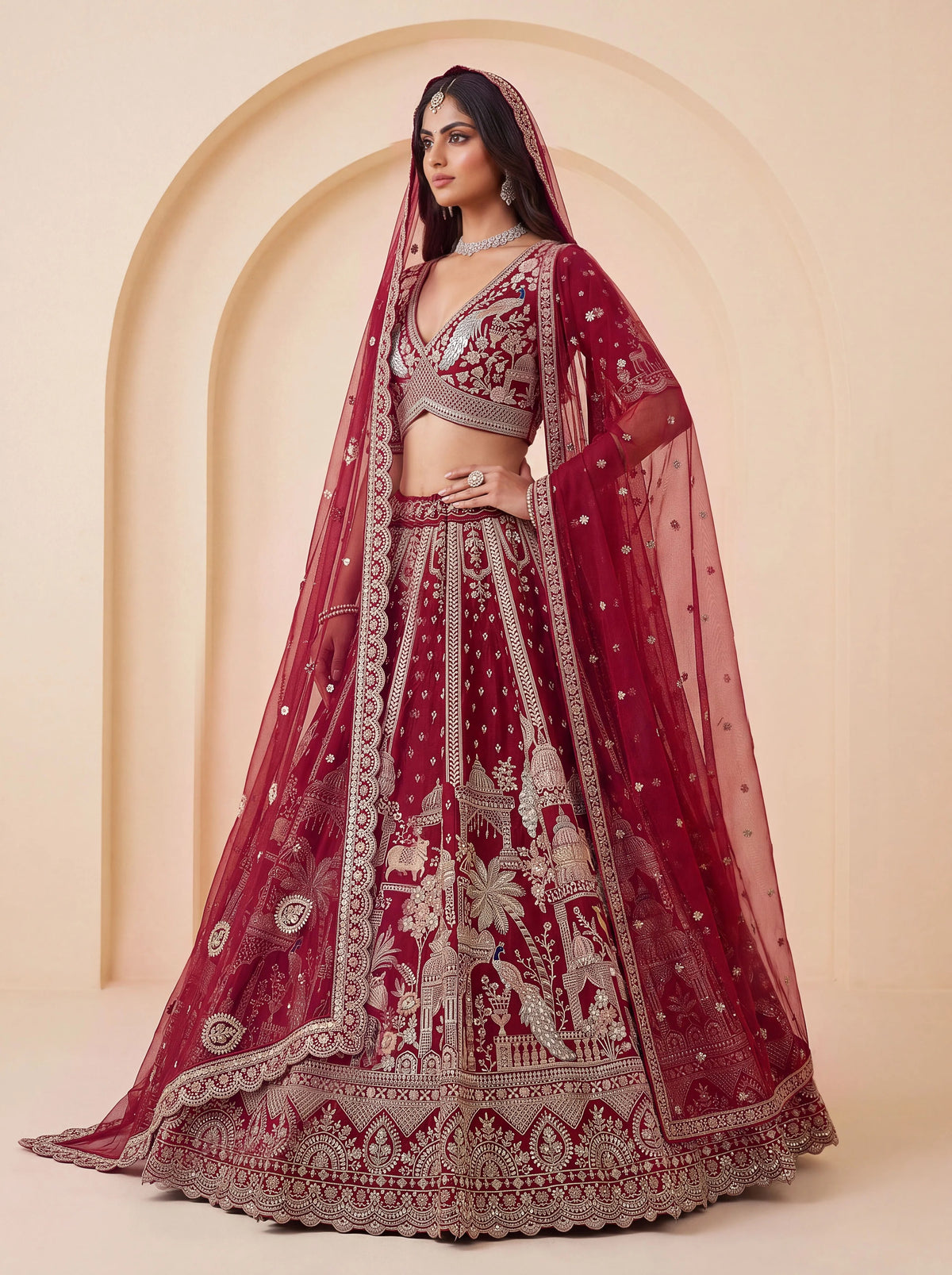 Premium Silk Multicolor Motif Sequin Bridal Lehenga Choli with Double Dupatta
