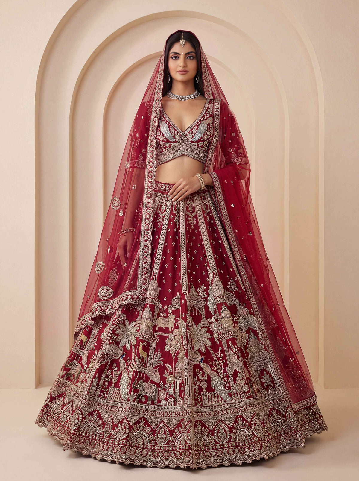 Premium Silk Multicolor Motif Sequin Bridal Lehenga Choli with Double Dupatta