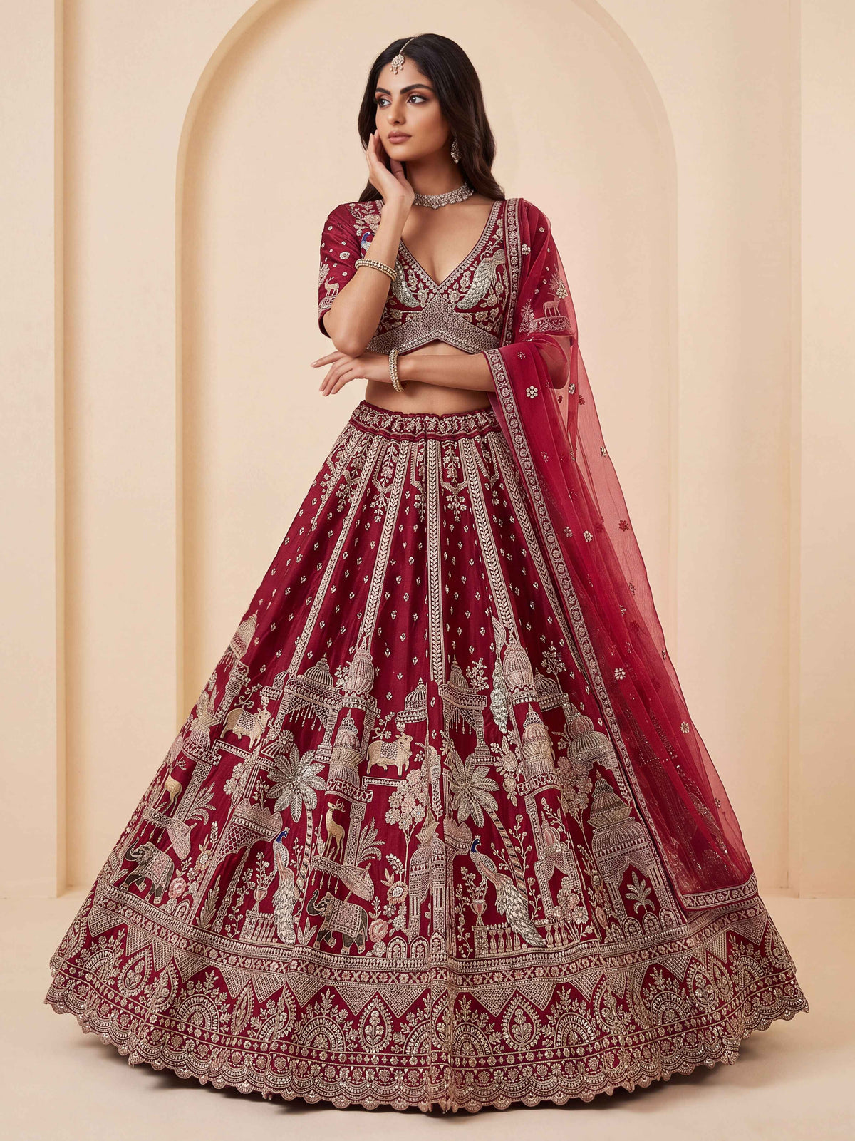 Premium Silk Multicolor Motif Sequin Bridal Lehenga Choli with Double Dupatta