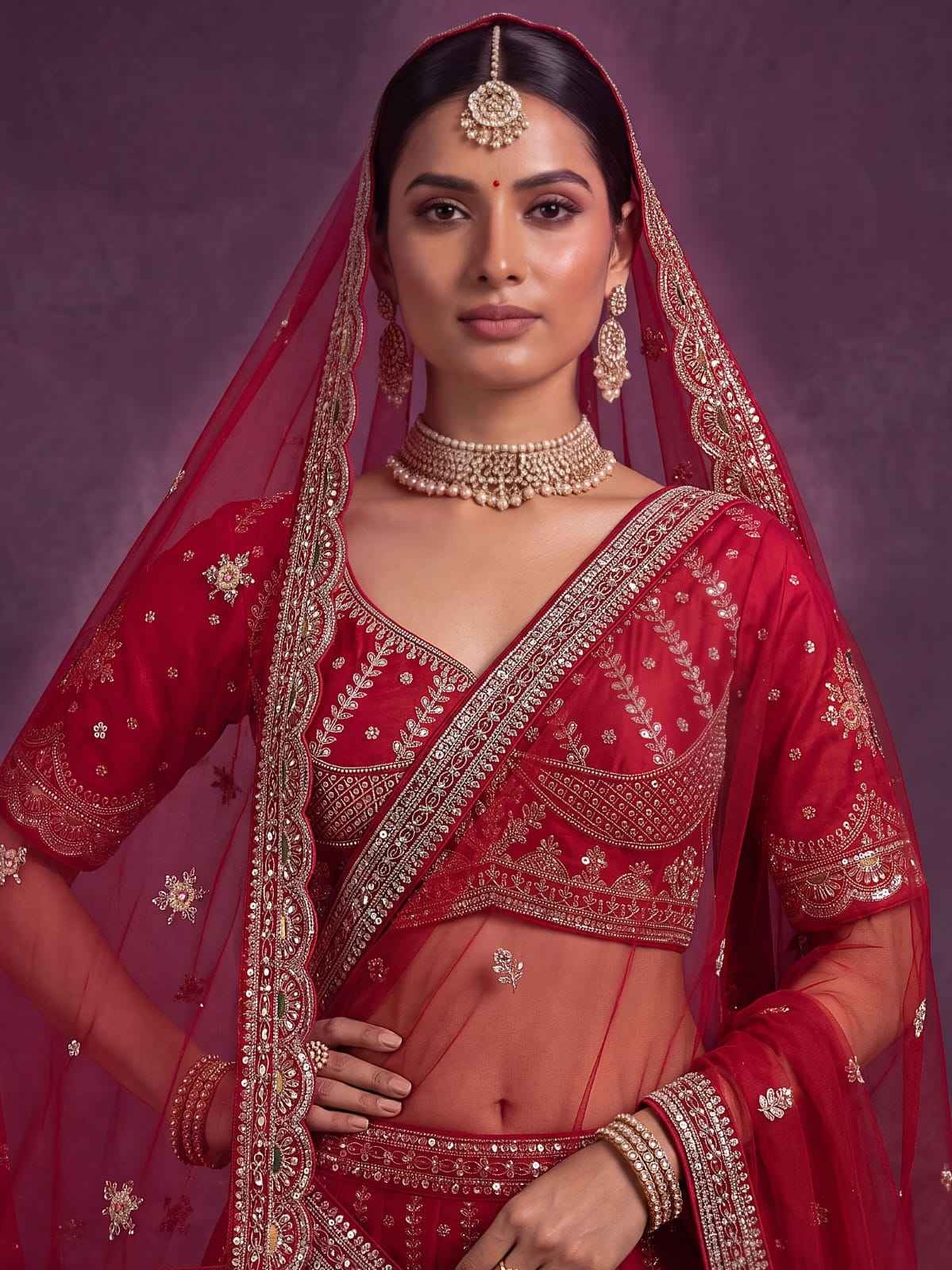 Red Pure Soft Pink Moti Handwork Peacock Multi Cotton thread Sequins Work Bridal Lehenga Choli