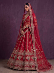 Red Pure Soft Pink Moti Handwork Peacock Multi Cotton thread Sequins Work Bridal Lehenga Choli