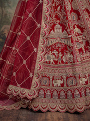 Red Pure Soft Silk Baraat Pattern Handwork Moti Dori & Multi Thread Sequins Work Bridal Lehenga Choli