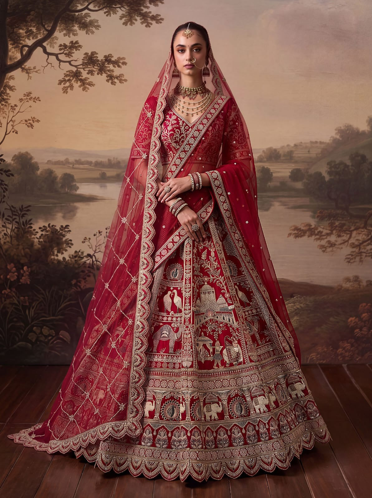 Red Pure Soft Silk Baraat Pattern Handwork Moti Dori & Multi Thread Sequins Work Bridal Lehenga Choli