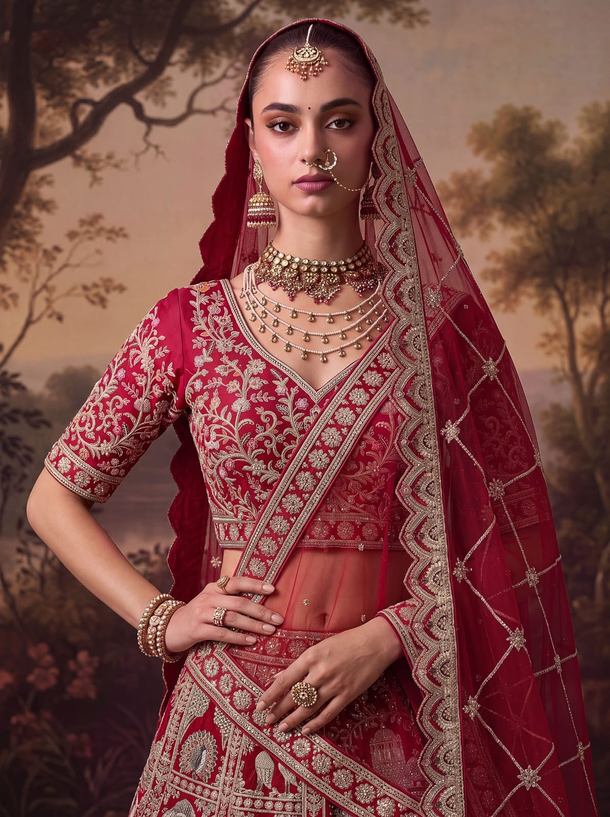 Red Pure Soft Silk Baraat Pattern Handwork Moti Dori & Multi Thread Sequins Work Bridal Lehenga Choli