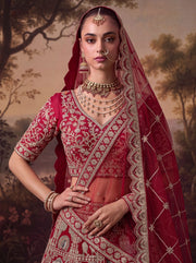 Red Pure Soft Silk Baraat Pattern Handwork Moti Dori & Multi Thread Sequins Work Bridal Lehenga Choli