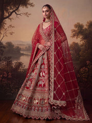 Red Pure Soft Silk Baraat Pattern Handwork Moti Dori & Multi Thread Sequins Work Bridal Lehenga Choli