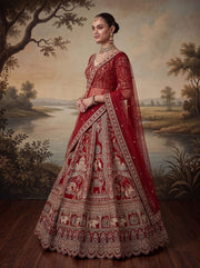 Red Pure Soft Silk Baraat Pattern Handwork Moti Dori & Multi Thread Sequins Work Bridal Lehenga Choli