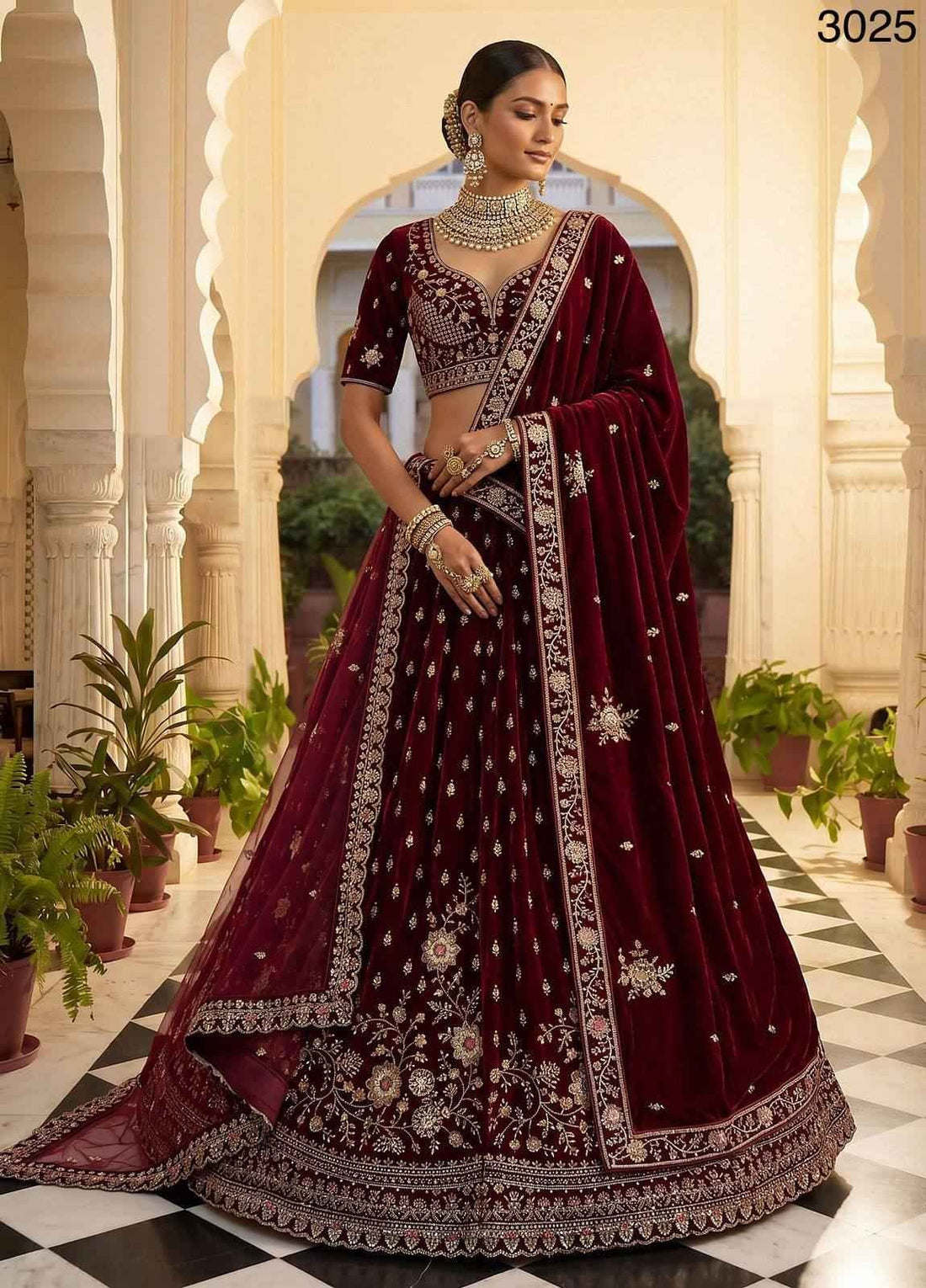 Red Velvet Zari Sequin Bridal Lehenga Choli with Double Dupatta
