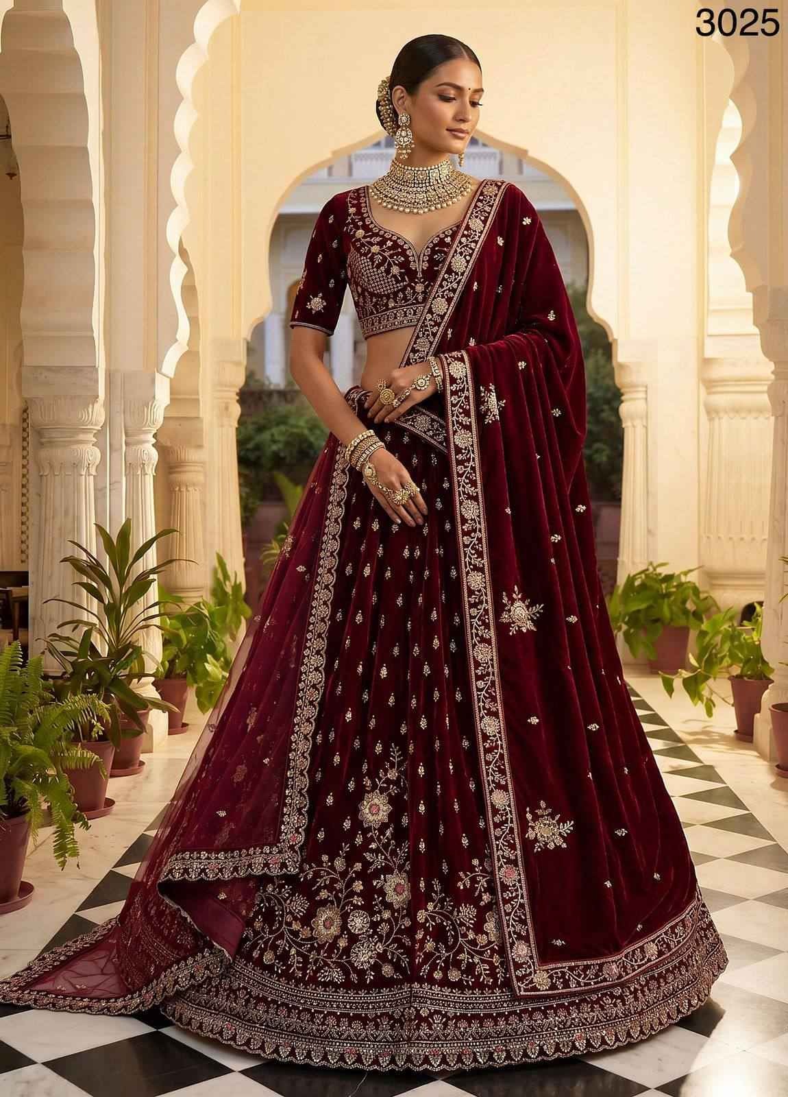 Red Velvet Zari Sequin Bridal Lehenga Choli with Double Dupatta
