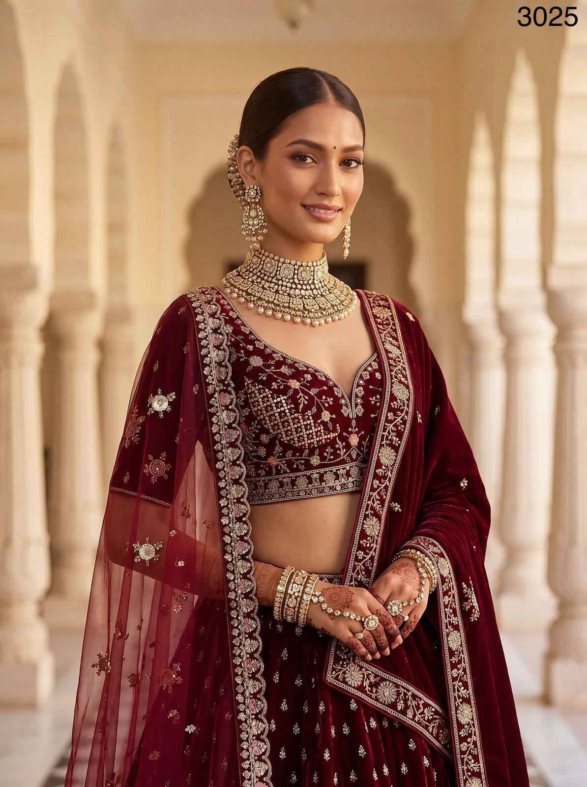 Red Velvet Zari Sequin Bridal Lehenga Choli with Double Dupatta