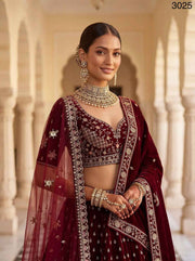 Red Velvet Zari Sequin Bridal Lehenga Choli with Double Dupatta