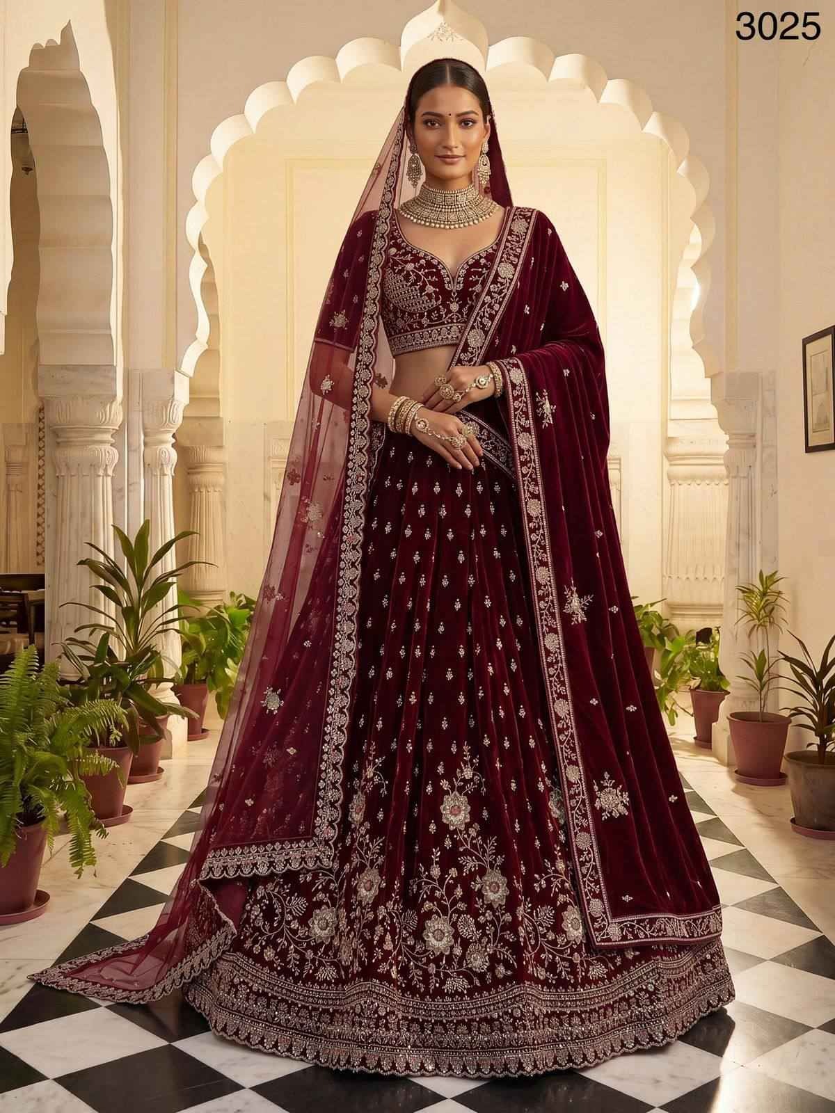 Red Velvet Zari Sequin Bridal Lehenga Choli with Double Dupatta