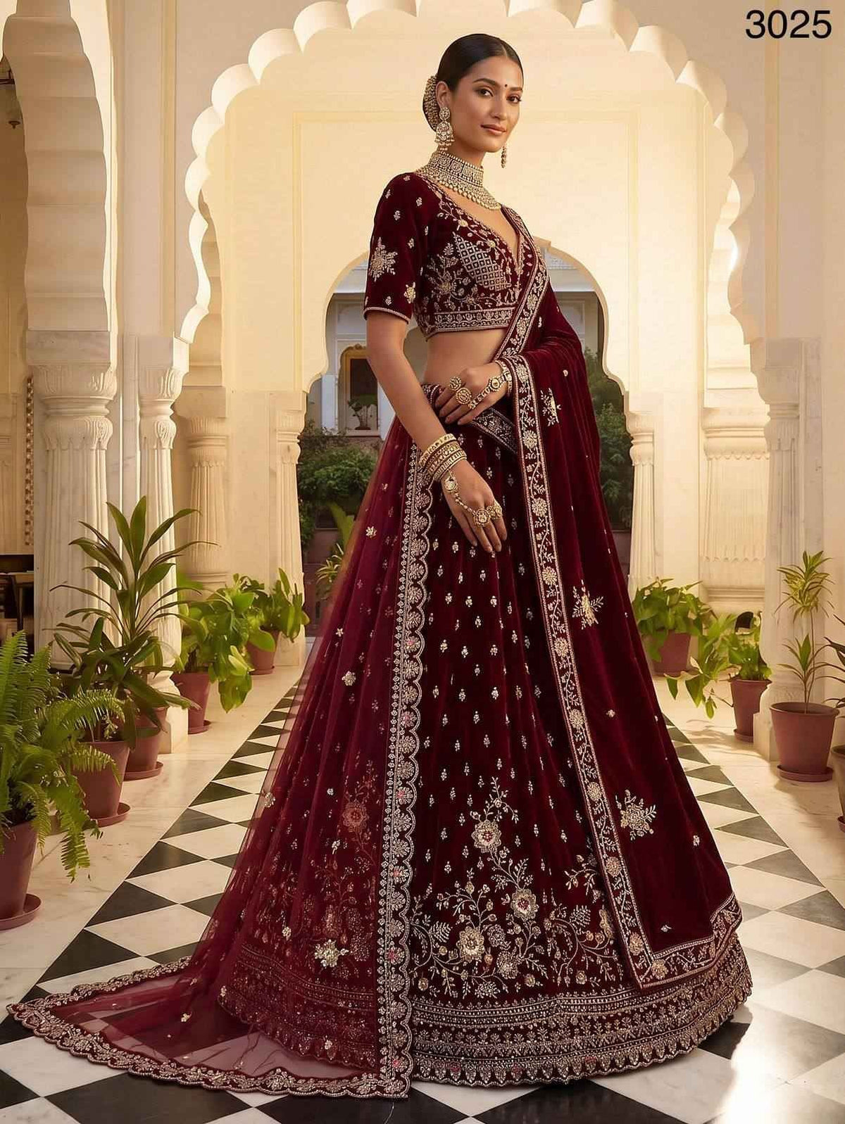 Red Velvet Zari Sequin Bridal Lehenga Choli with Double Dupatta