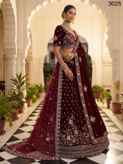 Red Velvet Zari Sequin Bridal Lehenga Choli with Double Dupatta