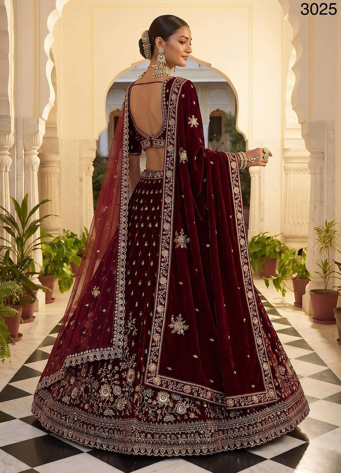 Red Velvet Zari Sequin Bridal Lehenga Choli with Double Dupatta