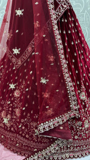 Red Pure Soft Velvet Heavy Embroidery Patch Work Bridal Lehenga
